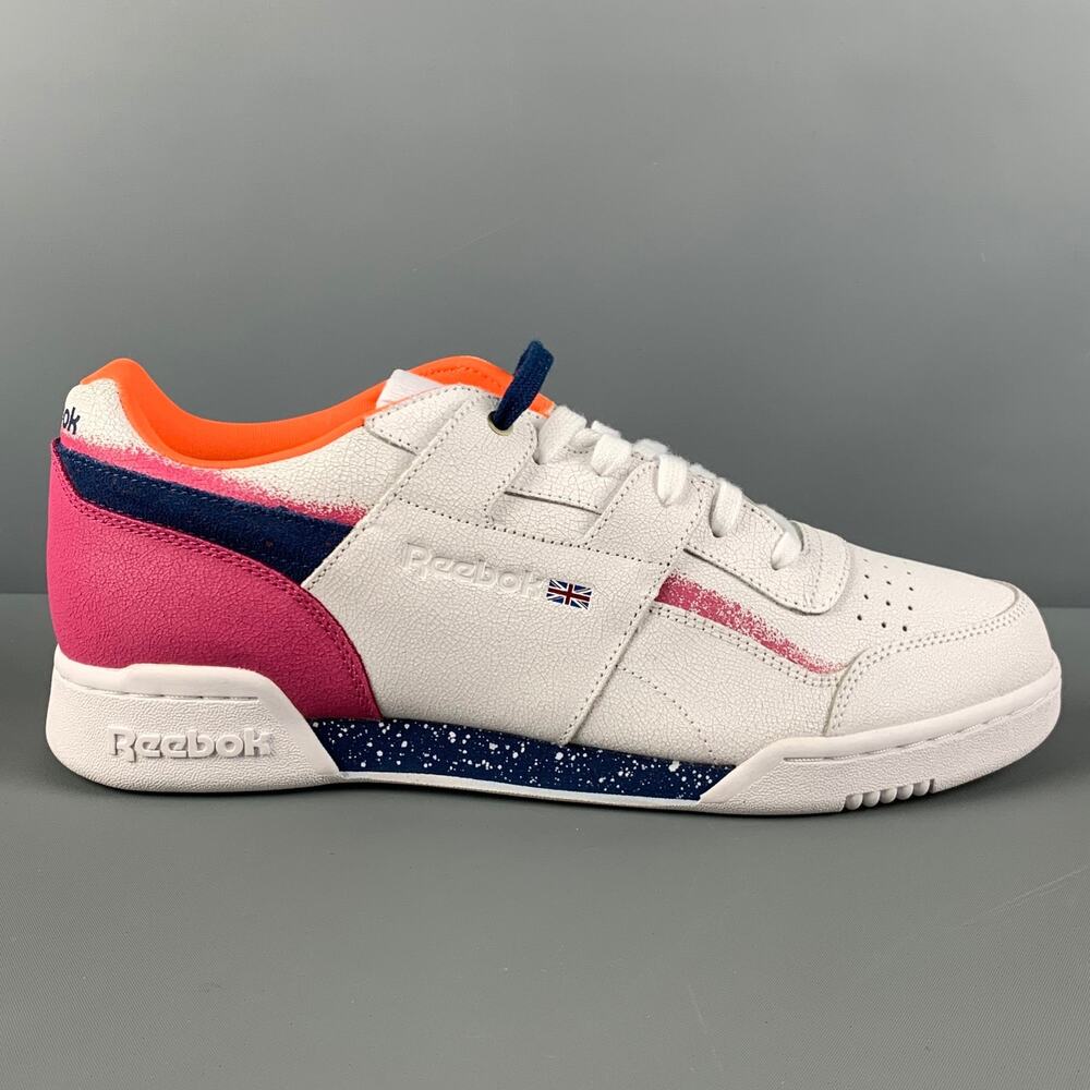 REEBOK Size 10.5 White Magenta Color Block Leather Lace Up Sneakers